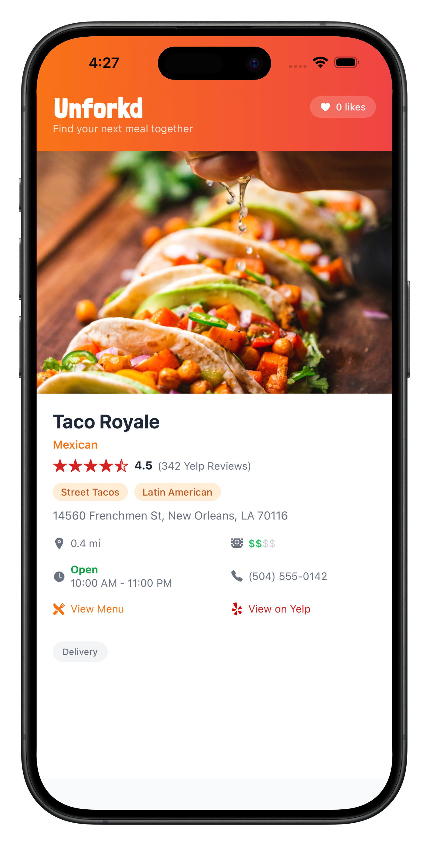Unforkd app - swipe on restaurants with your friends